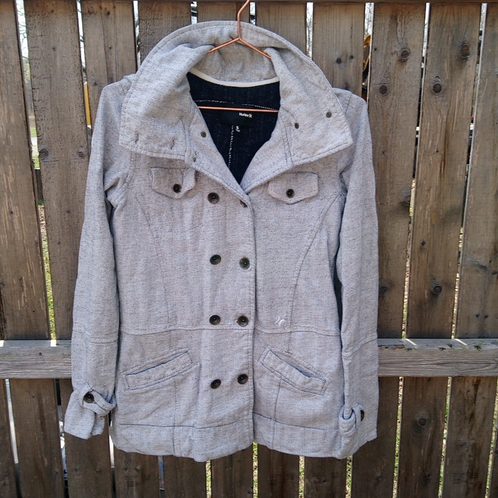 Hurley Gray White Lightweight Double Breasted Button Down Jacket Coat Hood